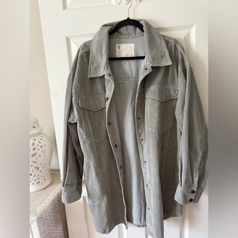 Anthropologie Light Sage Corduroy Button-Down Shirt Jacket